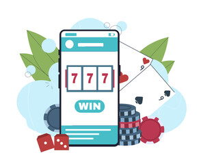 Play slots online. Smartphone near poker cards and chips, dices. Gambling and casino. Slot machine at mobile phone. Games for luck and fortune. Flat vector illustration