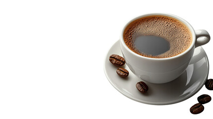 Aromatic Brew: A close-up shot of a pristine white teacup and saucer cradling a rich, dark, and inviting coffee, complete with roasted beans.