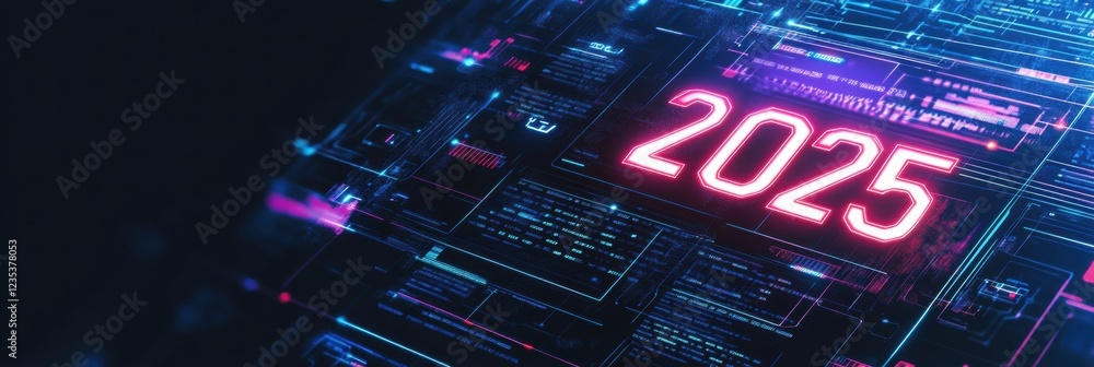 Aufkleber futuristic digital calendar displays the year 2025 with neon elements in a sleek interface design. g