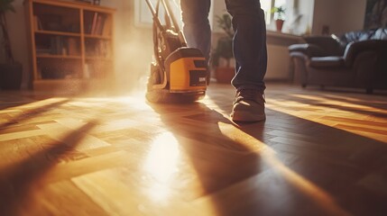 Person sanding a hardwood floor with a machine