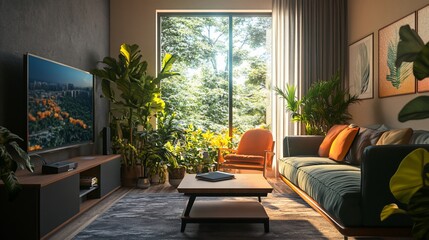 Cozy living room with large window overlooking green trees and plants around