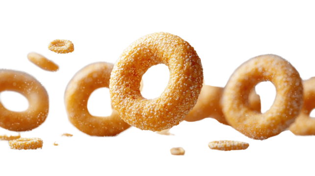 Delectable Doughnut Delights: An array of glistening doughnuts, some floating mid-air, tantalize with their golden hue and perfect rings, evoking sweet cravings and delightful indulgence.