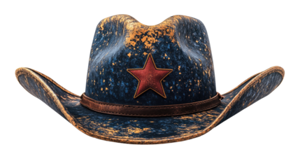 Rustic Cowboy Hat with Red Star: This vintage cowboy hat, adorned with a bold red star and showing signs of wear, evokes the spirit of the American West.