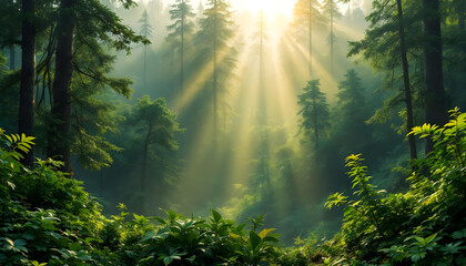 Obraz premium A breathtaking panoramic view of a lush green forest with tall trees and vibrant foliage. The morning sun shines through the dense canopy, casting long golden rays of light onto the forest floor. The 