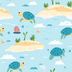 Naklejka premium A blue and white turtle pattern with a boat and a few other turtles