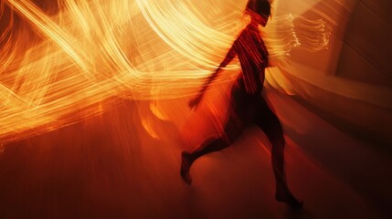 Silhouette of a Person Running Through a Stream of Golden Light