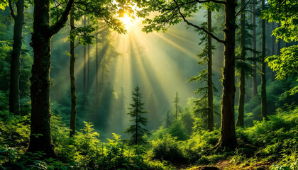 Obraz premium A breathtaking panoramic view of a lush green forest with tall trees and vibrant foliage. The morning sun shines through the dense canopy, casting long golden rays of light onto the forest floor. The 