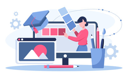 Art school online. Woman chooses colors. Remote education and training for graphic designers and digital artists. Learning on internet. Web courses and lectures. Flat vector illustration