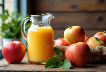 Apple Juice in Glass Jug with Fresh Apples