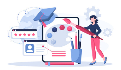 Artist online service. Woman with paintbrush and palette at smartphone. Remote education and training for digital artists. Learning online. Web courses and lectures. Flat vector illustration