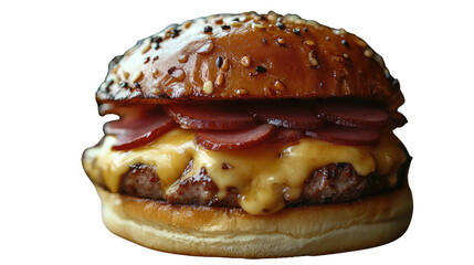 Gourmet Burger: A mouthwatering close-up showcases a gourmet burger, with a juicy beef patty, melted cheese, and fresh toppings.