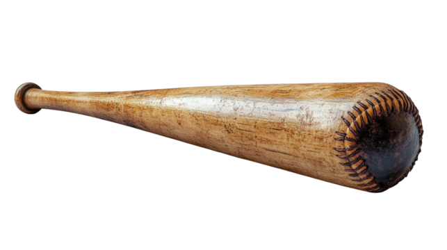 Vintage Baseball Bat: A close-up shot of a worn, wooden baseball bat, showcasing the texture and craftsmanship of a classic sporting item.