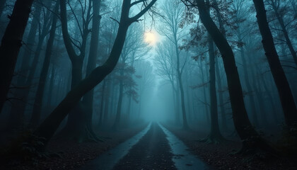 Fototapeta premium Shadowy Foggy Forest Path at Twilight