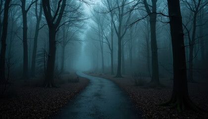 Fototapeta premium Foggy Forest Trail Under Moonlight