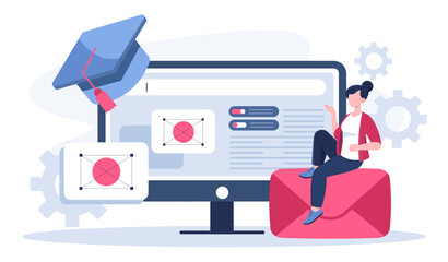 Graphic designer online. Woman sits on envelope near monitor screen with letter. Young girl develops ui and ux elements for website. Earning money on Internet. Flat vector illustration