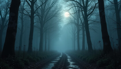 Moonlit Foggy Forest Path with Shadows