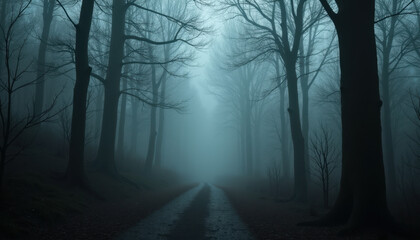 Fototapeta premium Haunted Forest Path with Dense Fog