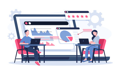 Business brainstorming concept. Man and woman working with graphs and diagrams. Collaboration and cooperation, partnership. Colleagues working on common project. Flat vector illustration