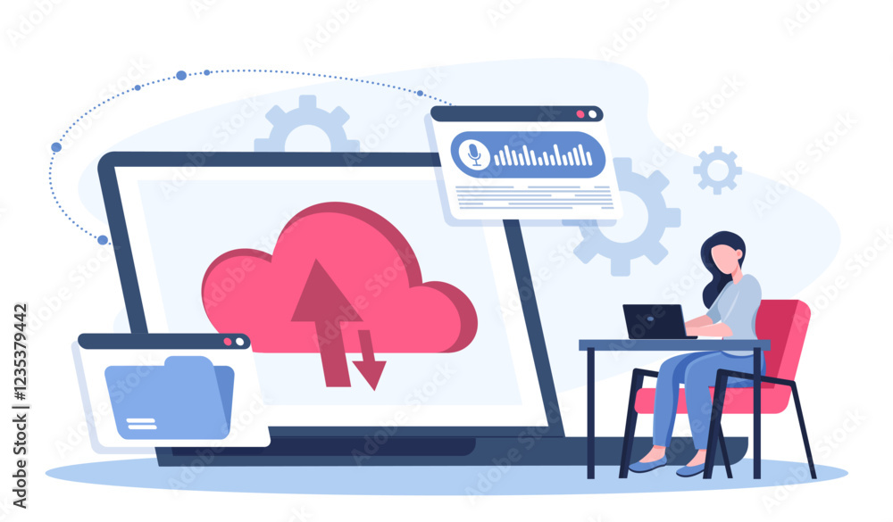 Poster cloud system file. woman with laptop upload files to server. internet safety and personal data prote