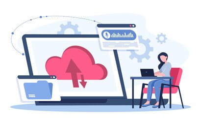 Cloud system file. Woman with laptop upload files to server. Internet safety and personal data protection. Exchange of documents on Internet. Electronic storage. Flat vector illustration