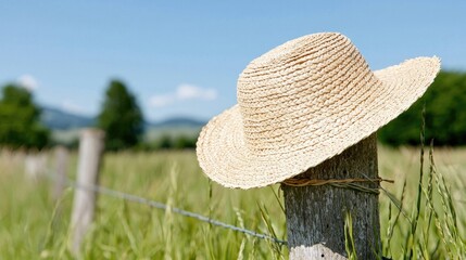 Straw hat on fence post, sunny field, summer