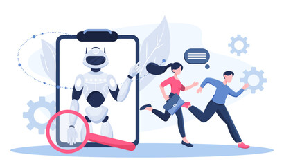 Collaboration with AI. Man and woman near smartphone with robot. Artificial intelligence and machine learning, process automation. Organizing efficient work process. Flat vector illustration