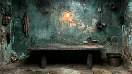 Rustic interior, wooden table, grunge wall, dim light, old room, design backdrop