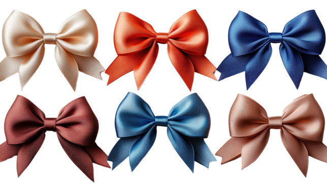 Silk Bows Assortment: An elegant arrangement of luxurious silk bows in various rich colors, showcasing their intricate folds, smooth texture, and potential use for decoration or gift wrapping.
