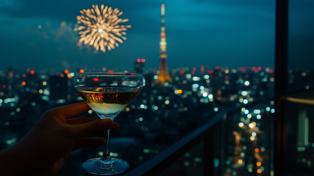 スカイツリーと花火を望むバーのテラス、カクテルを手にする大人の夜