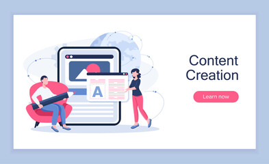 Content creation poster. Man with pencil and woman near smartphone. Collaboration and cooperation. Talented authors create online content. Team of copywriters writes article. Flat vector illustration