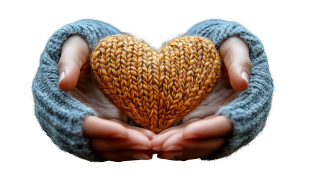 Caring Hands: A tender moment captured as hands gently cradle a knitted heart, symbolizing love, compassion, and care, evoking warmth and connection. 