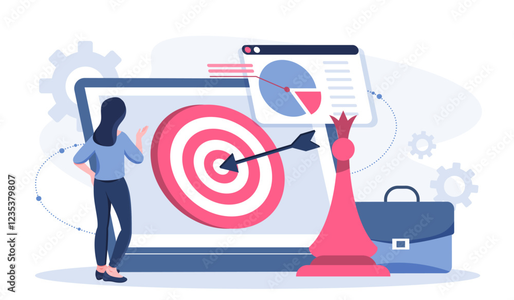 Poster content plan woman. businesswoman with chess piece and target. goal setting and motivation. planning