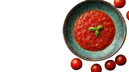 Sizzling Sauce: A vibrant splash of fresh tomato sauce, artfully presented in a rustic bowl, garnished with fresh basil leaves, capturing the essence of culinary delight.