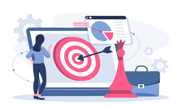Content plan woman. Businesswoman with chess piece and target. Goal setting and motivation. Planning and scheduling. Time management and organization of efficient workflow. Flat vector illustration