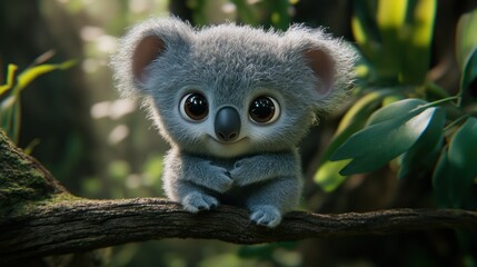 Obraz premium Adorable baby koala on branch, lush forest, wildlife, nature