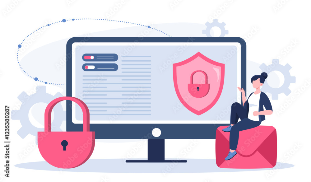 Poster cyber web security. woman sitting on envelope near computer monitor. personal data protection and in