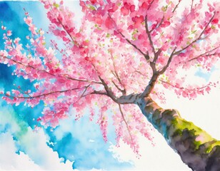 お花見、春、桜の木の水彩画イラスト