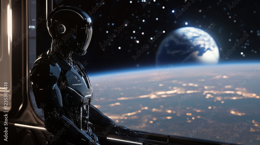 Poster futuristic humanoid robot gazing at earth from spacecraft window with stars and planetary view in th