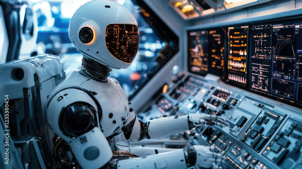 Poster futuristic robot operating advanced control panel in high-tech spacecraft cockpit with digital inter