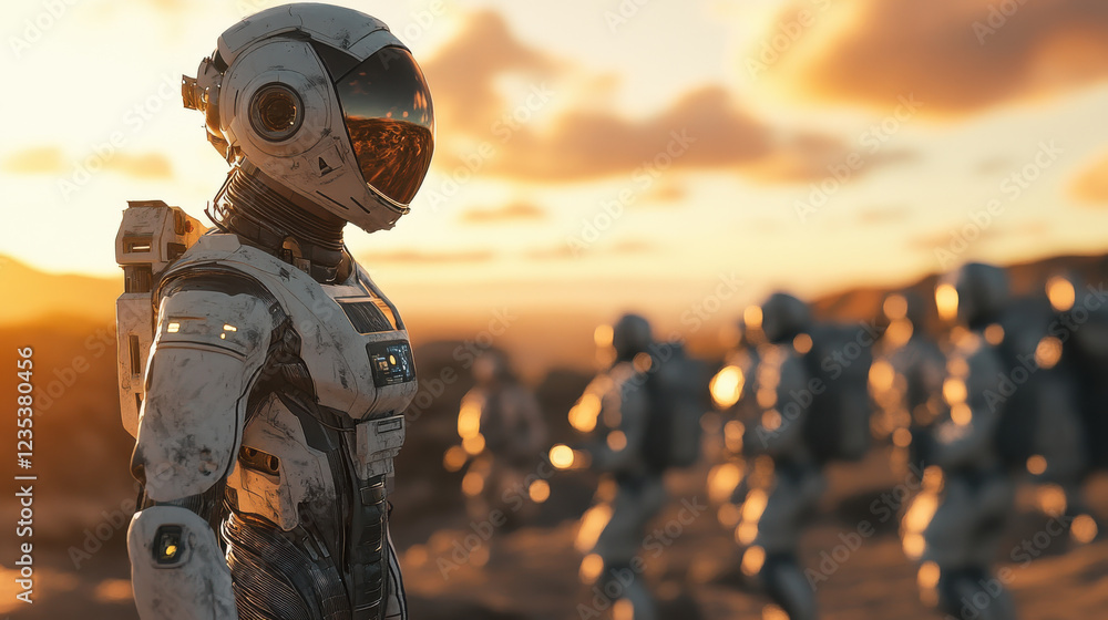 Poster futuristic space exploration with advanced robots at sunset on alien planet with scenic view and hig