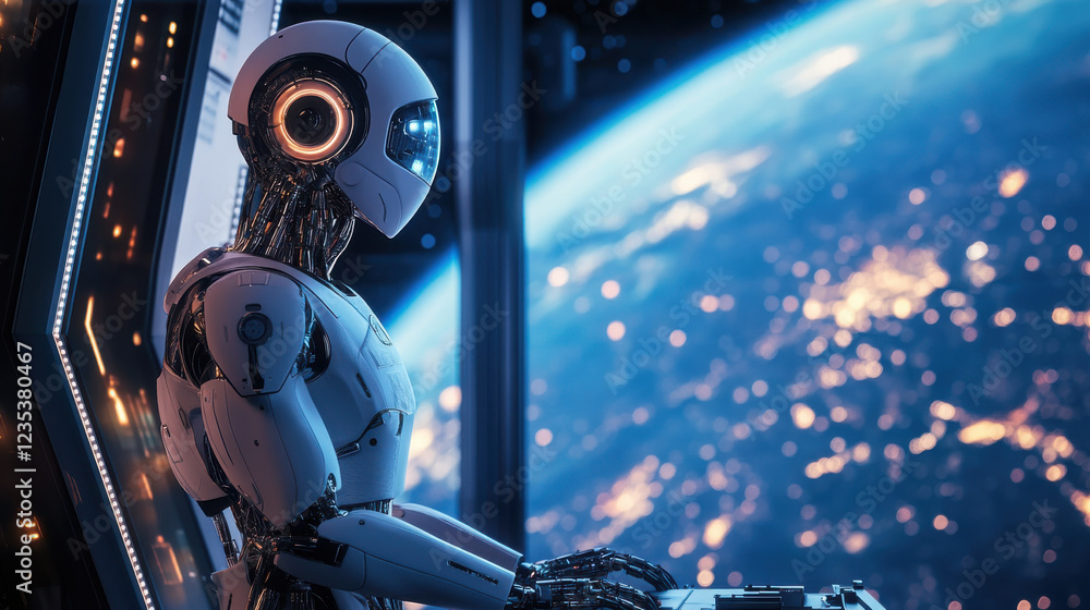 Poster futuristic humanoid robot operates space station console overlooking earth from window in outer spac