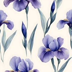 Watercolor Purple Iris Flowers Seamless Pattern