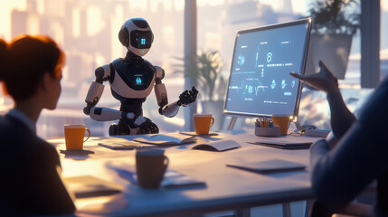 Futuristic robot collaborating with business professionals in modern office discussing technological innovations and digital solutions