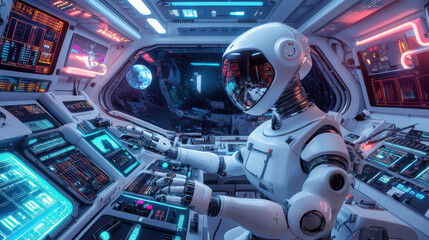 Futuristic robot navigating spacecraft with advanced technology and neon displays in outer space exploration mission