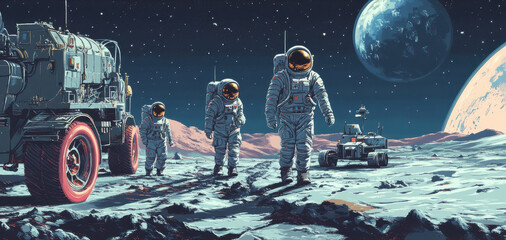 Astronauts exploring lunar surface with rover and earth in background under stunning starry sky