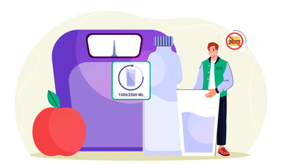 Man with healthy diet. Young guy with glass of water and apple near scales. Healthy eating, proper diet and nutrition. Fitness and workout. Active lifestyle and sports. Flat vector illustration