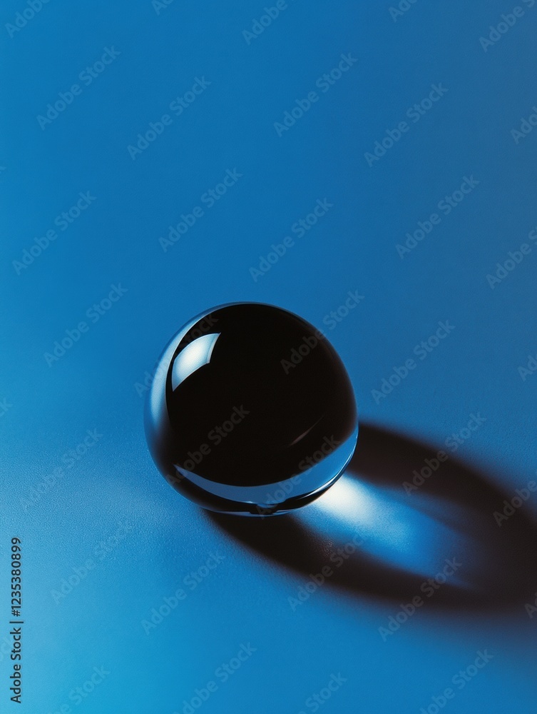 Poster Black spherical object resting on a smooth blue surface creating a shadow in a calm lighting setting. Generative AI