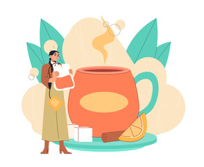 Tea party woman. Young girl near huge cup with slice of lemon and sugar. Person enjoying hot drink and beverage. Tea ceremony and ritual, teatime. Flat vector illustration