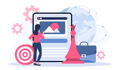 Employee assessment concept. Woman near briefcase and chess piece. Planning and goal setting, strategy. Businesswoman organizes efficient work process. Flat vector illustration