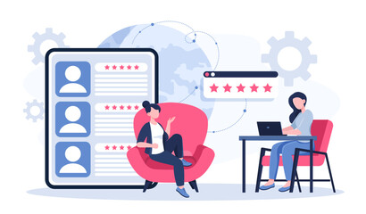 Employee assessment online. Businesswoman talk with woman. Headhunting and recruitment. HR manager at workplace. Businesswoman organizes efficient work process. Flat vector illustration